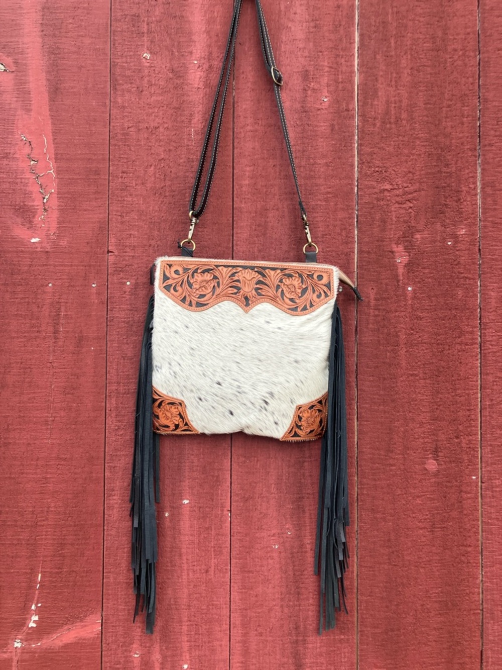 Tumbleweed Cowhide Hand-Tooled Leather Fringe Bag